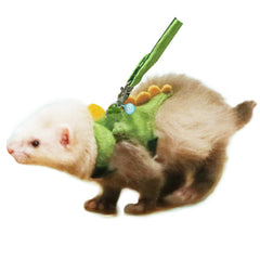 Anelekor ferret harness in green dinosaur vest ready for outdoor strolls with soft plush comfort.