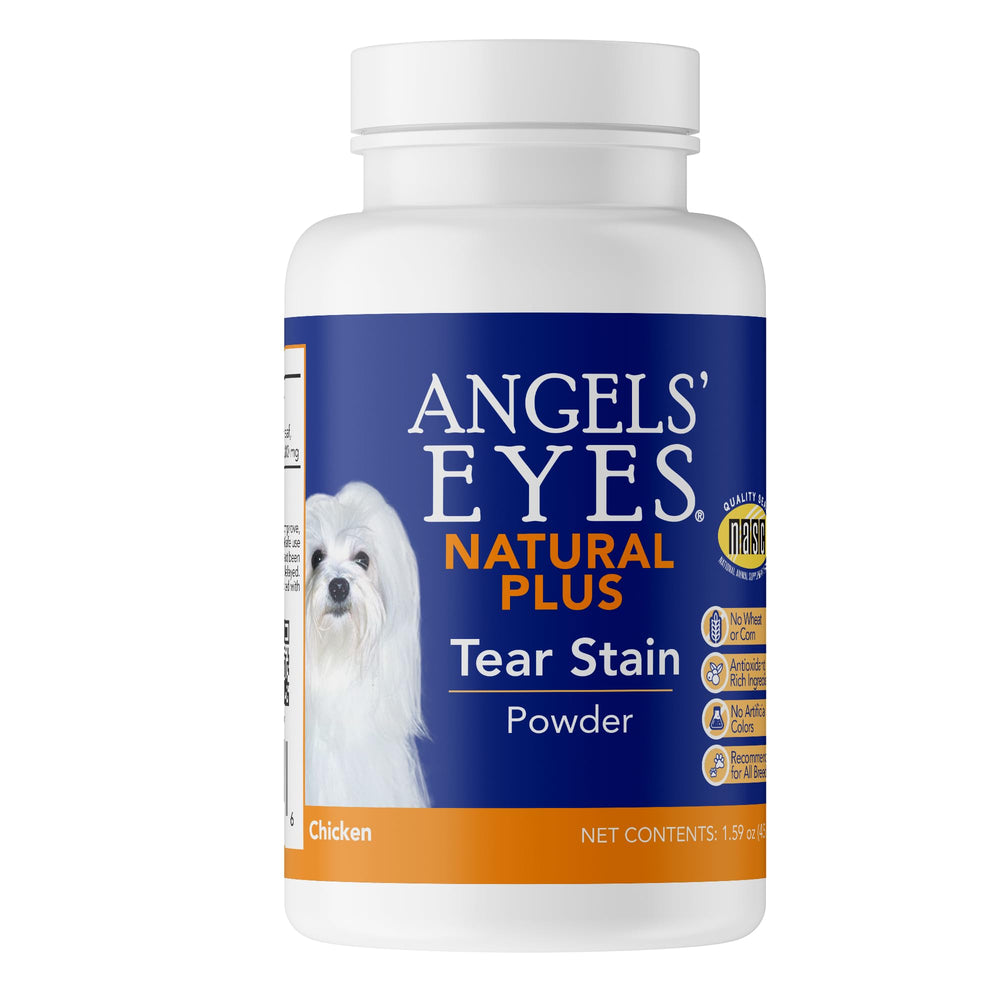 ANGELS' EYES Natural Plus tear stain powder bottle closeup for a brighter eye area.