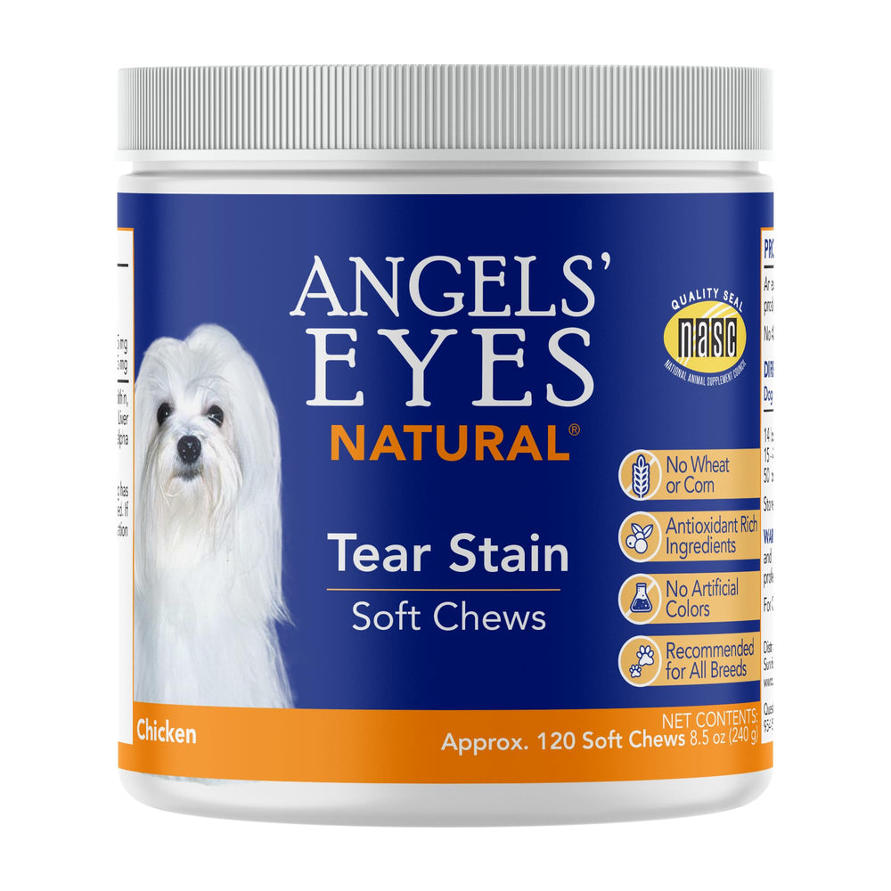 ANGELS' EYES Natural tear stain chews bottle shows a dog-friendly supplement for tear-stain management.