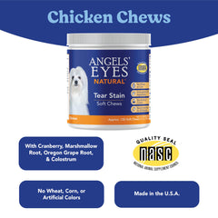 ANGELS' EYES Natural tear-stain chews packaging showing NASC-certified seal and USA-made claim.