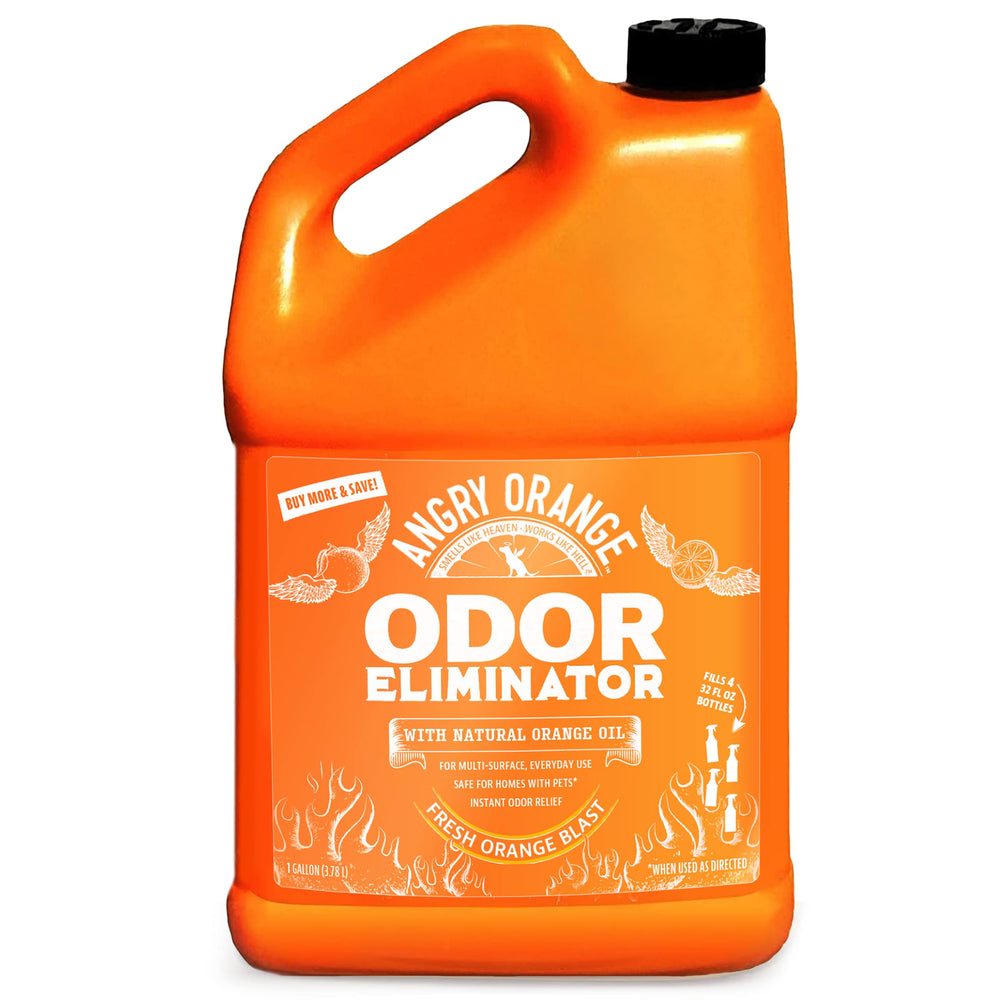 Angry Orange pet odor eliminator bottle front—neutralizes pet odors with citrus power.
