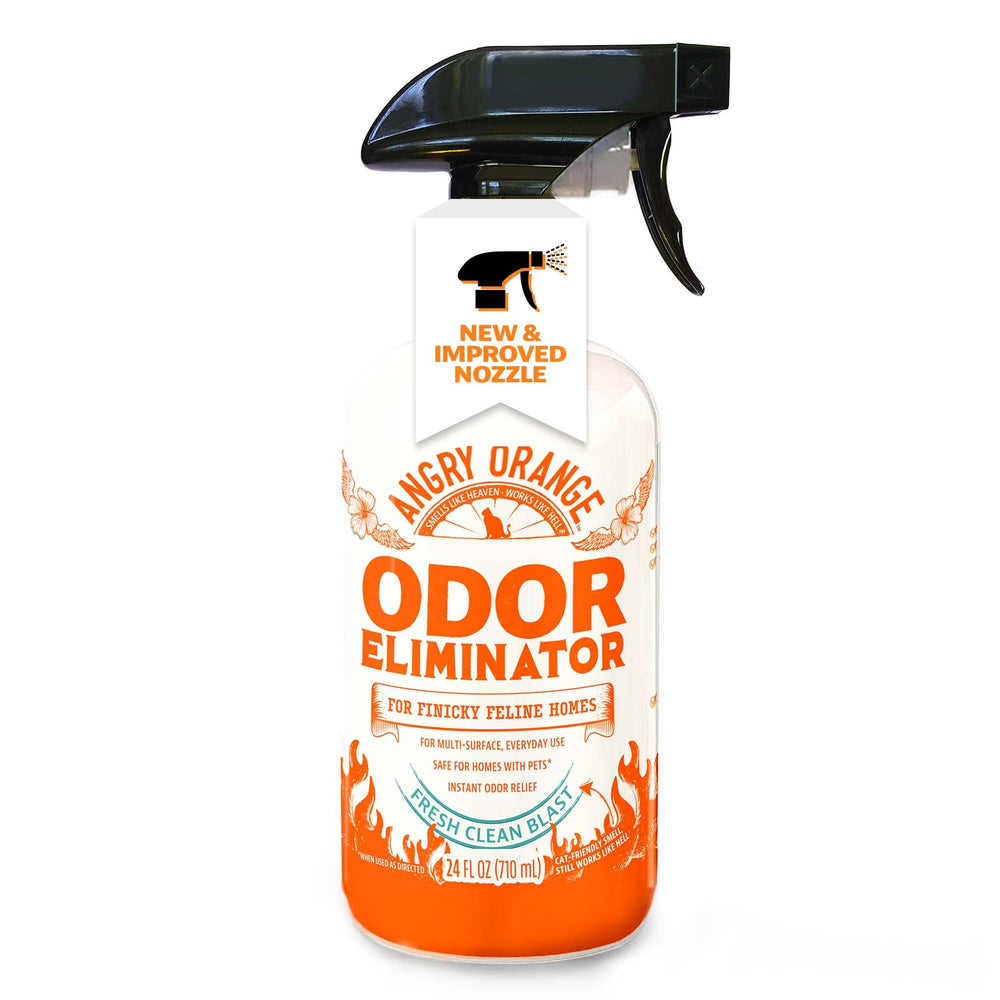 ANGRY ORANGE pet odor eliminator bottle demonstrates fast odor removal for pets