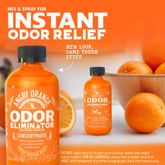 Angry Orange odor eliminator concentrate bottle highlighting ready-to-dilute formula