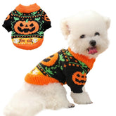ANIAC Halloween pumpkin-pattern dog sweater on a small dog, cozy warmth for autumn outings.