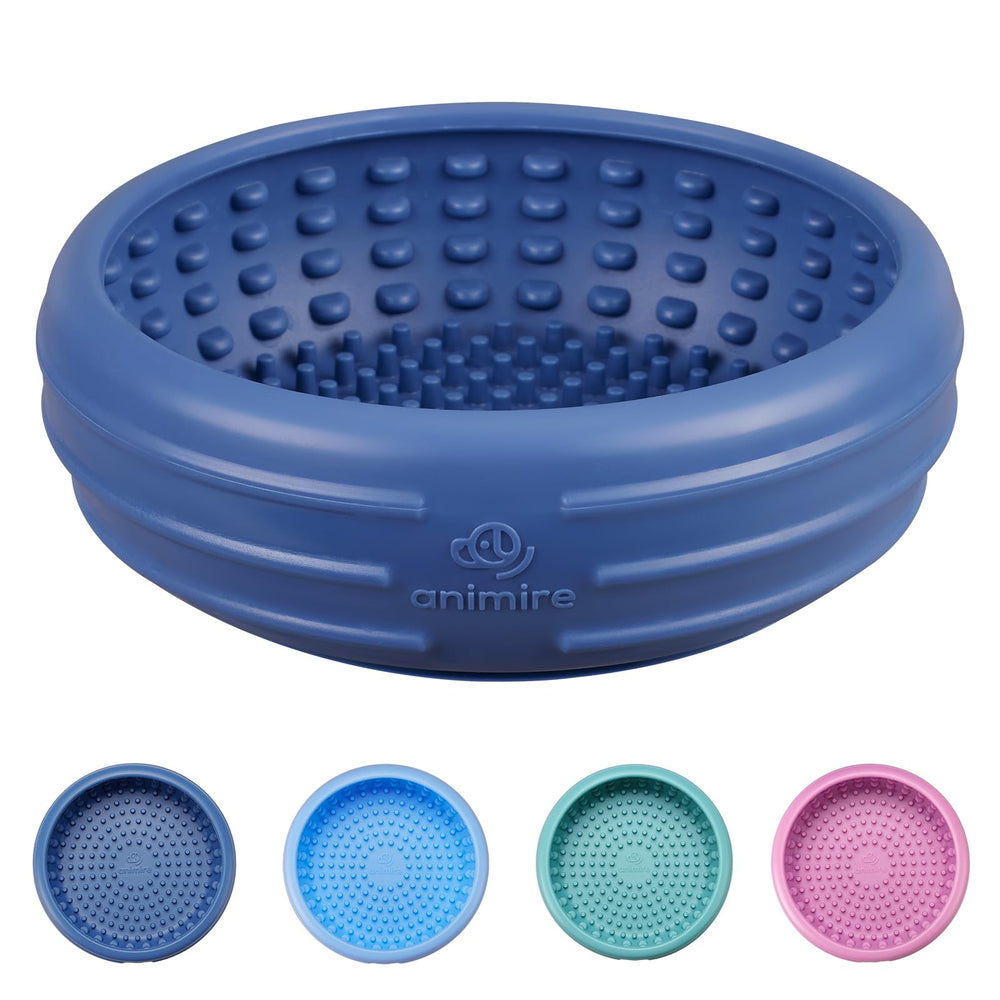 Animire dog lick bowl dark blue with non-slip base for mess-free feeding.