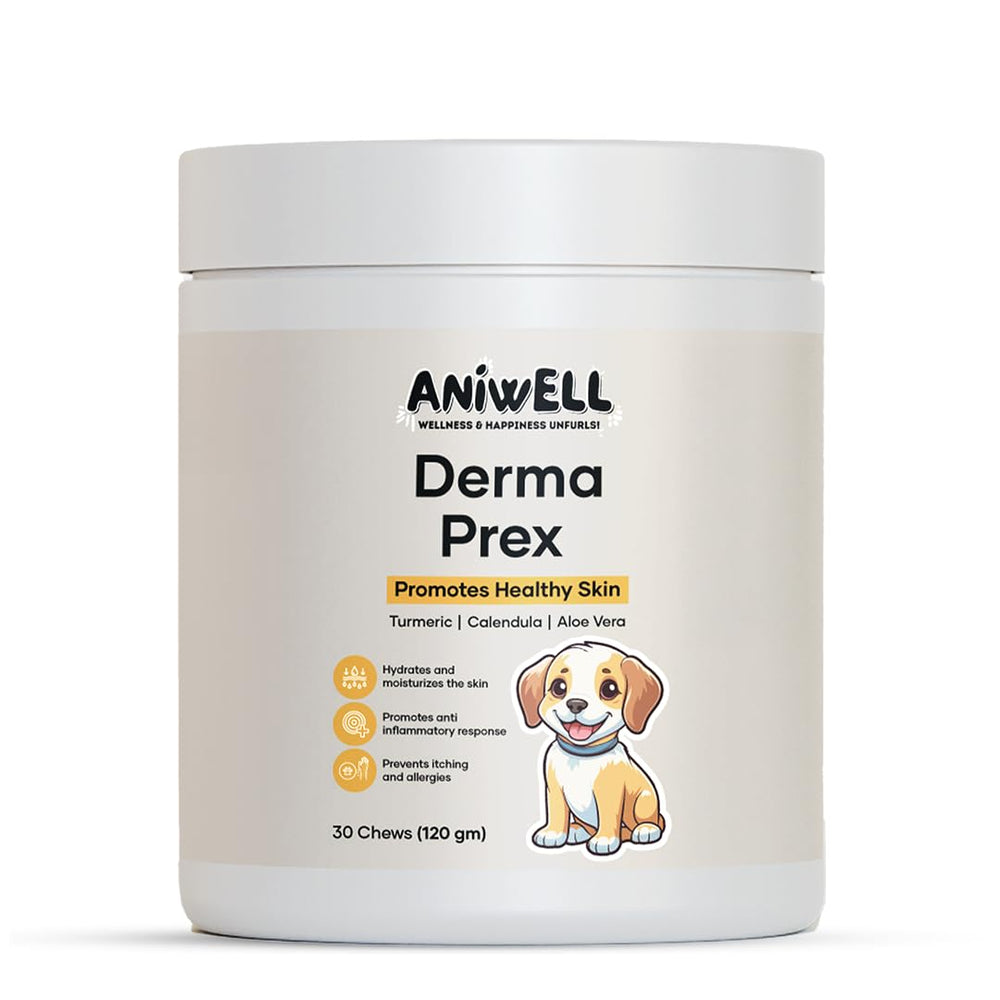 Aniwell DermaPrex bottle label highlighting natural ingredients for skin support.