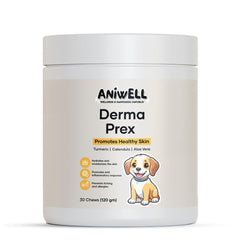Aniwell DermaPrex bottle label highlighting natural ingredients for skin support.