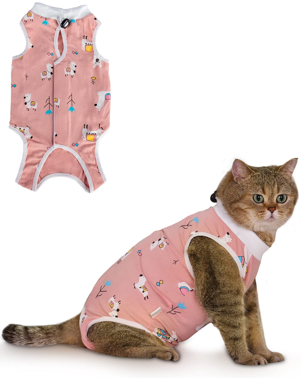 ANWA cat recovery suit worn on a cat after surgery to prevent licking