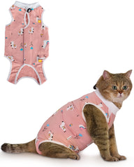 ANWA cat recovery suit worn on a cat after surgery to prevent licking