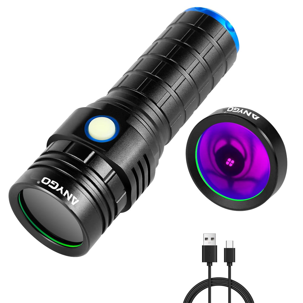 ANYGO 365nm black light flashlight front view showing compact design