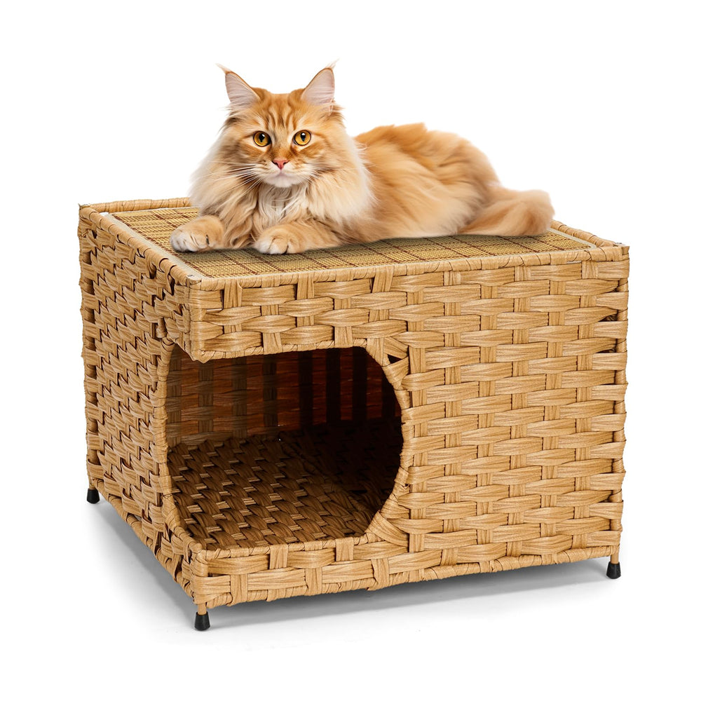 Anysiny cat house handwoven-rattan cave offers a cozy indoor retreat.