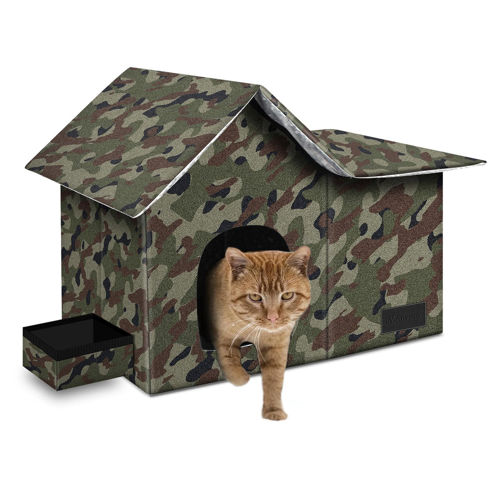 Anysiny outdoor cat house in camo provides a warm winter shelter for outdoor cats