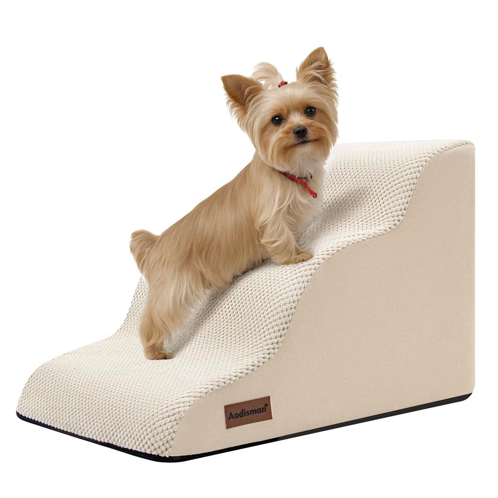 Aodisman dog stairs 3-step foam shows a gentle incline for easier pet access.