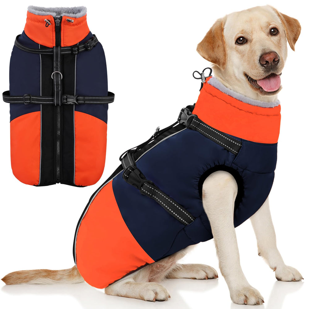 AOFITEE blue 2XL dog coat on a large dog for warmth and comfort during walks.