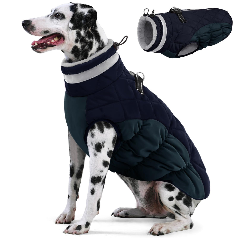AOFITEE dog coat navy front view with warm fleece lining for cold days.