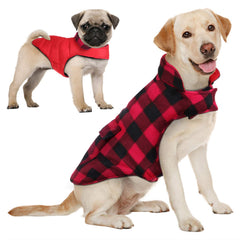 AOFITEE dog coat plaid red front view with warm coverage for chilly walks.