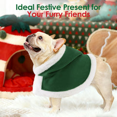 AOFITEE dog Santa cape in red and green with a pom-pom hat for festive photos.