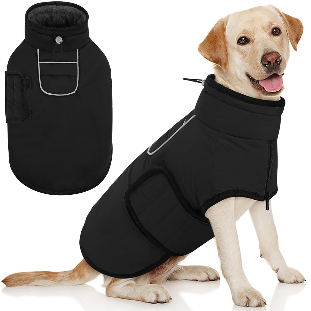 AOFITEE large dog winter coat with harness hole front view for secure walks.