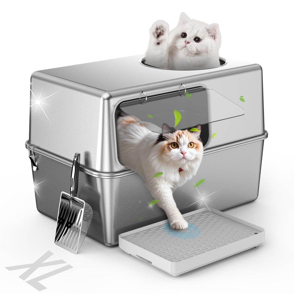 Aothey stainless steel litter box with lid creating private space for cats and odor containment.