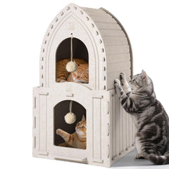 Apasiri 2-Story Cat House front view shows warm, compact indoor shelter.