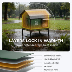 Apasiri heated cat house elevated base prevents ground moisture and drafts.