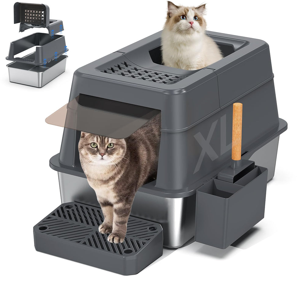 Aphyxen stainless steel litter box lid emphasizes durability and easy cleaning for busy households.