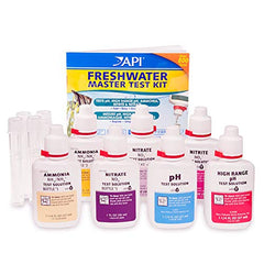 API Freshwater Master Test Kit in-use setup showing tubes, tray, and color card for result guidance.