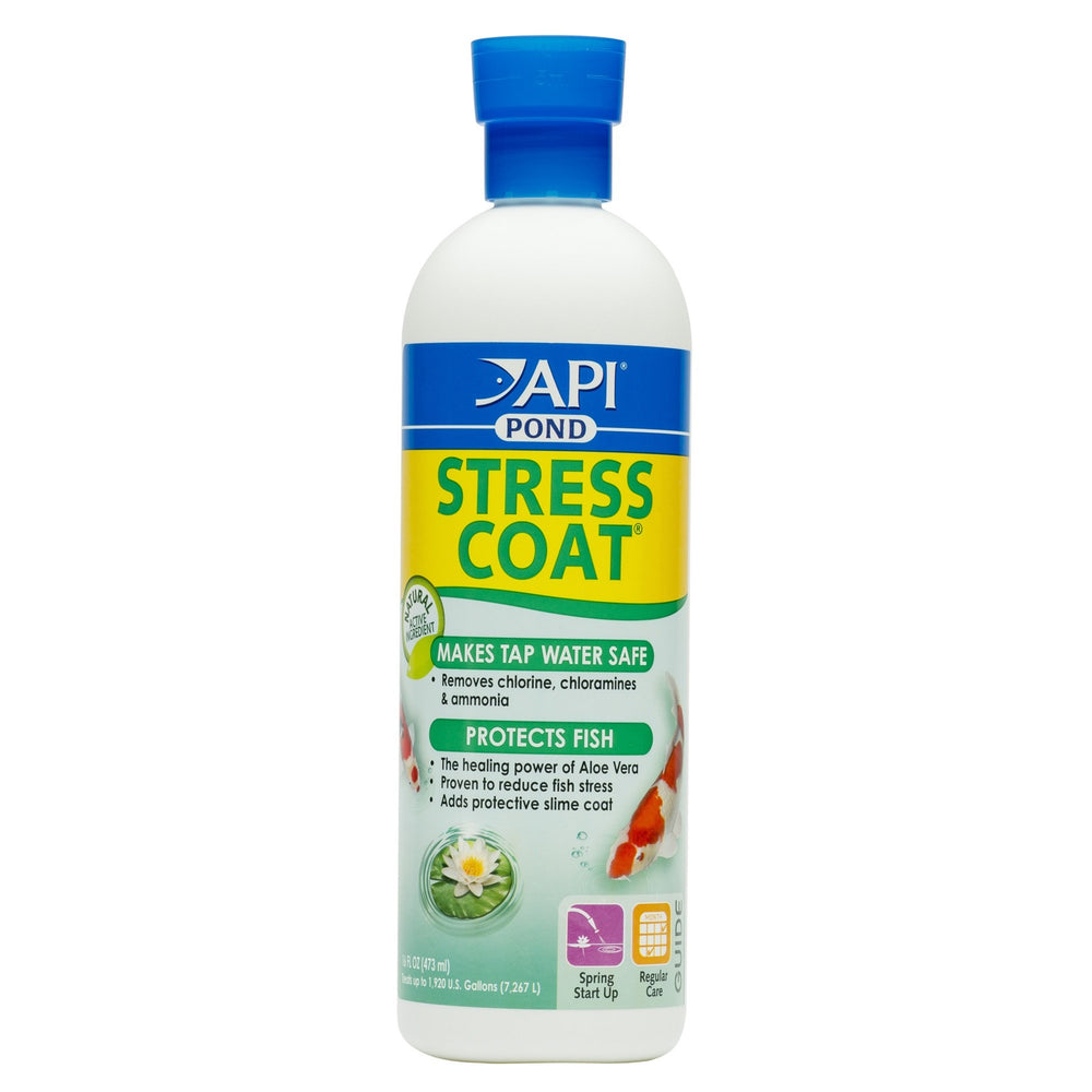 API POND STRESS COAT bottle front view for safer pond water during changes.