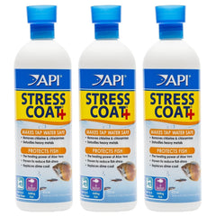 API Stress Coat 3-pack bottles improve fish safety by conditioning tap water and healing tissue.
