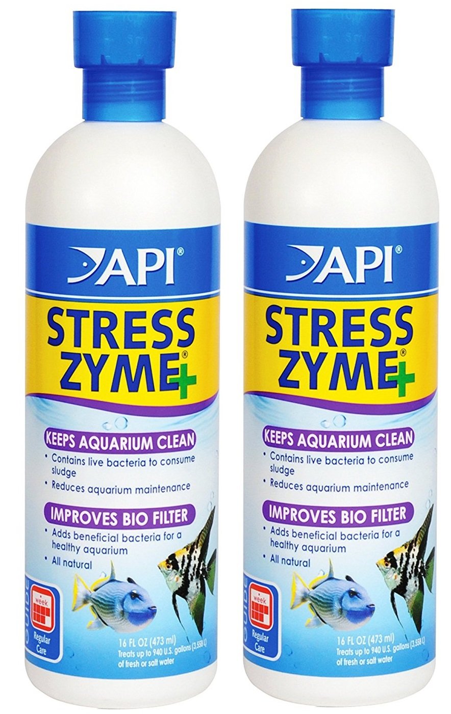API Stress Zyme bottle pour demonstrates sludge-eating action for a cleaner aquarium.