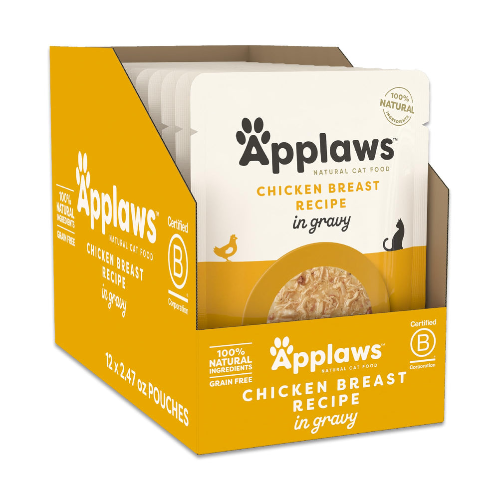Applaws chicken in gravy wet cat food pouch shows a protein-rich meal option.