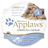 Applaws Tasty Tuna Fillet with Prawn cups closeup highlighting additive-free protein boost for cats.