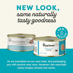 Close-up of Applaws tuna fillet in broth can label, simple ingredients and honesty.