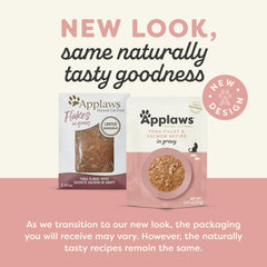 Applaws tuna-salmon gravy pouch close-up highlights transparent ingredients and natural nourishment.