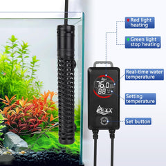 AQQA 800W heater shows over-temperature and dry-run protections.