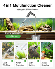 AQQA 4-in-1 gravel cleaner showing sand washing and water changing features.