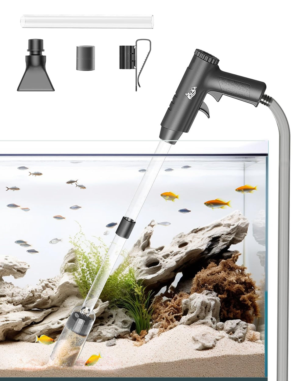 AQQA Aquarium Gravel Cleaner overview shows compact, multi-function tool for efficient tank upkeep.