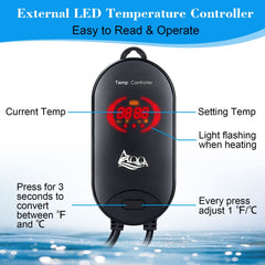 AQQA Aquarium Heater fully submerged for stable warmth in fish tanks up to 300 gallons.