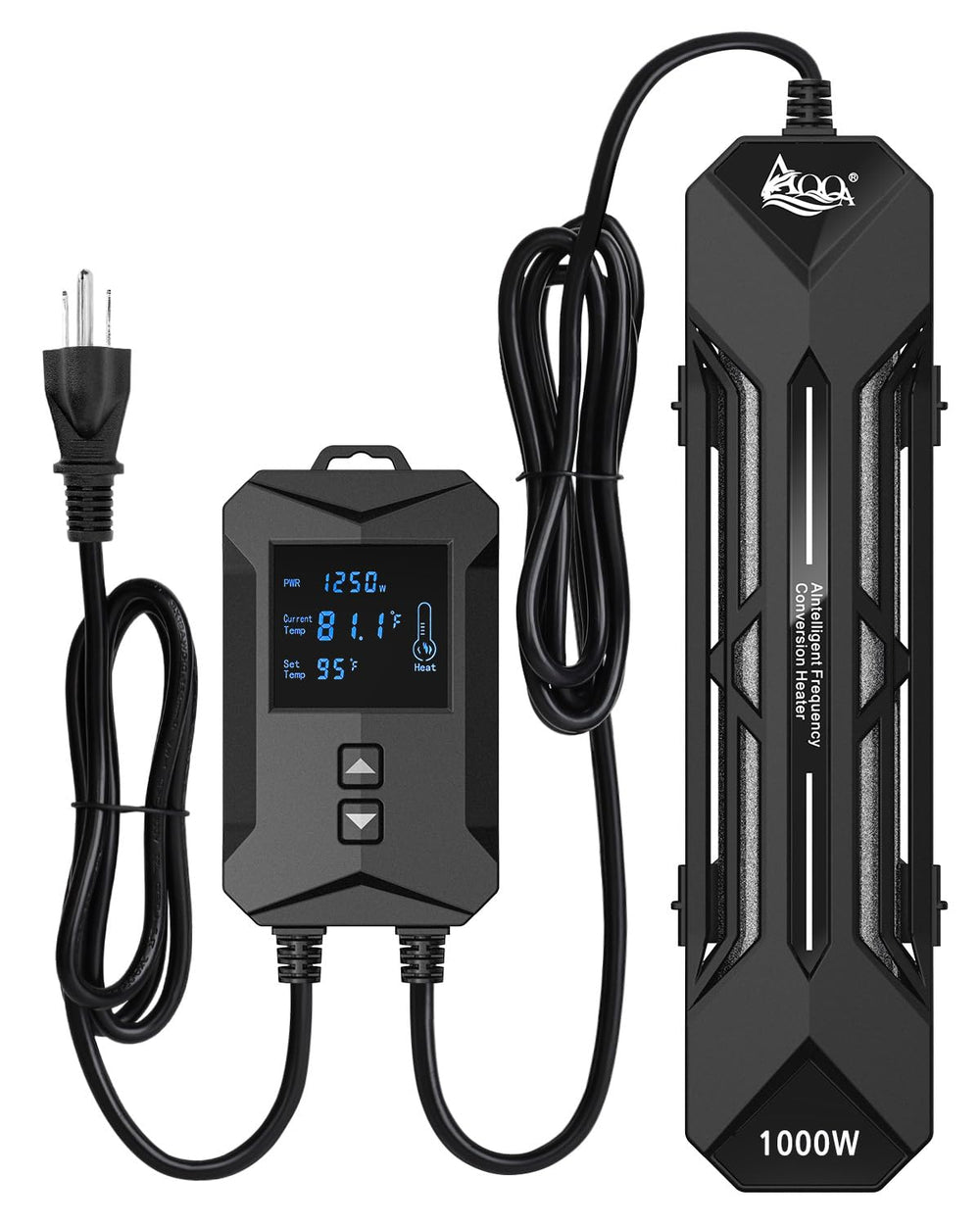 AQQA aquarium heater with LED display shows precise temperature control in action.
