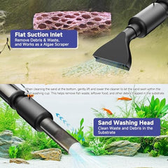 AQQA electric aquarium vacuum flat-scraper nozzle removes algae and sludge effectively.