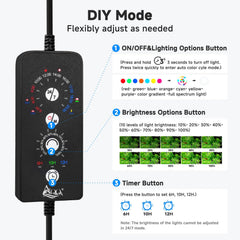 AQQA LED Aquarium Light DIY-mode configuration showcases customizable colors and timer settings.