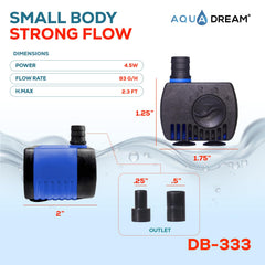 Aqua Dream 90 GPH pump side view highlights adjustable flow for versatile water features.