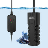 AquaMiracle 50W aquarium heater with LED display showing temperature target and current readings.