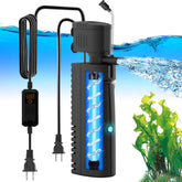 Aquamiracle aquarium filter with UV light demonstrates clear water enhancement for 20-70 gallon tanks.