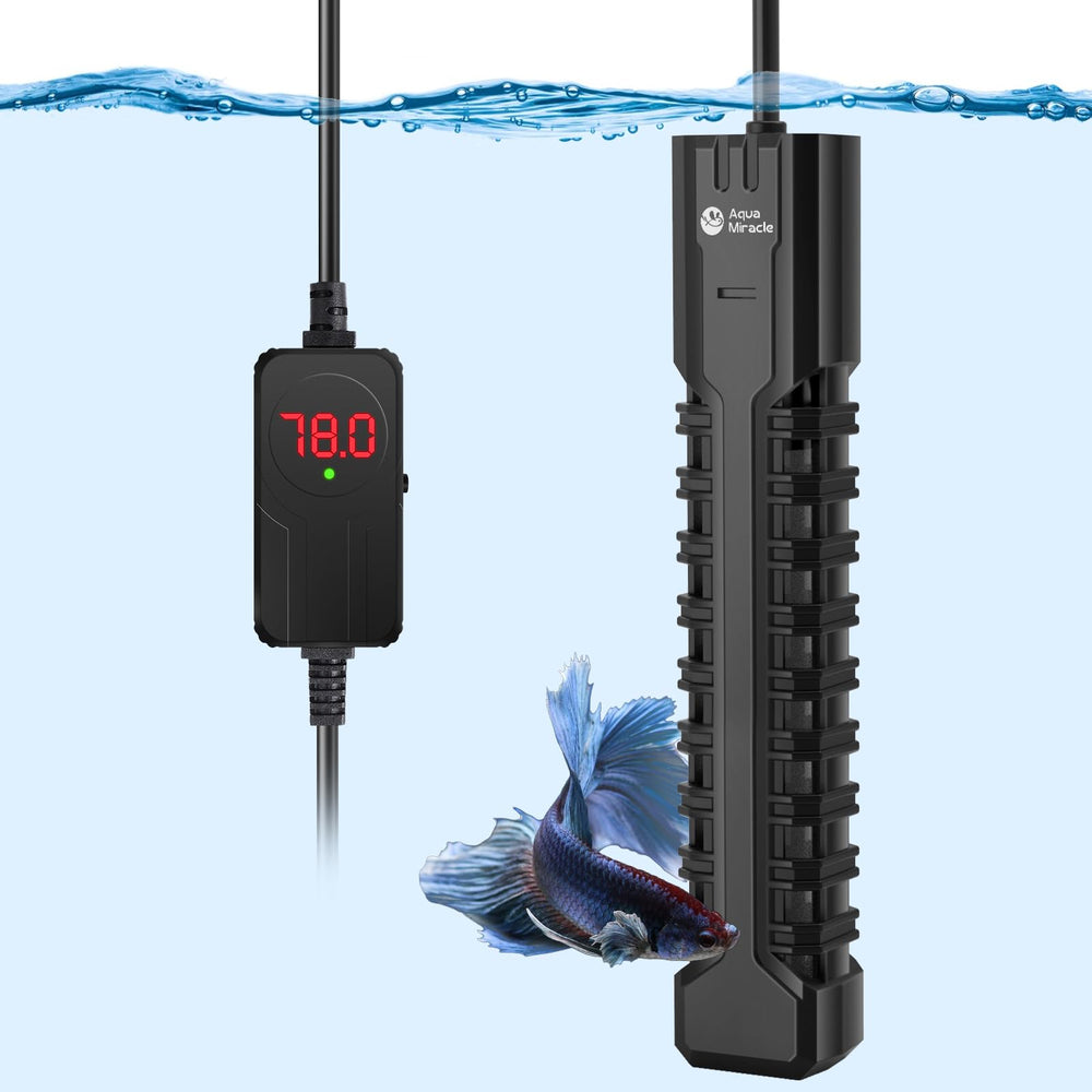 A AquaMiracle fish tank heater with protective housing ensuring even heat and safer habitats.