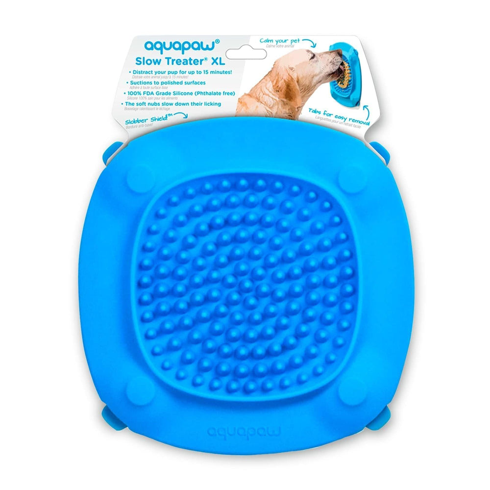 Aquapaw Lick Mat on shower wall provides distraction during bath time with treats.