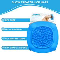 Aquapaw Lick Mat suction cups hold securely for grooming and enrichment during baths.