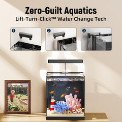 AQUASMITH Beta water-change feature shows quick Lift-Turn-Click access for easy maintenance.