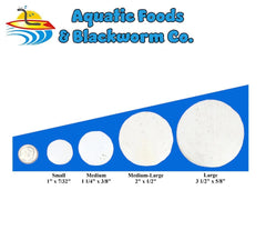 Aquatic Foods Inc. calcium feeders disk small-jar closeup highlights dust-free processing for cleaner feeding.