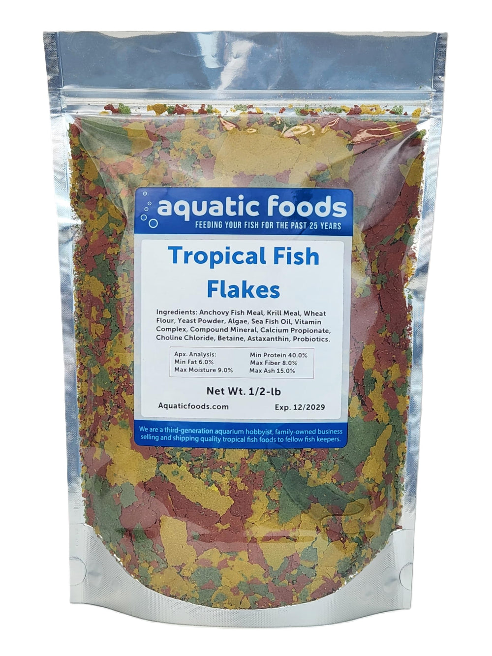 Aquatic Foods Inc Premium Community Flakes packaging highlights high-quality nutrition for diverse tropical fish.
